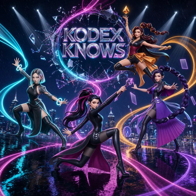 Cover artwork for Kodex Knows: the four GLHF members mid-performance inside a swirling neon signal ring above a night skyline, with the title Kodex Knows across the centre.