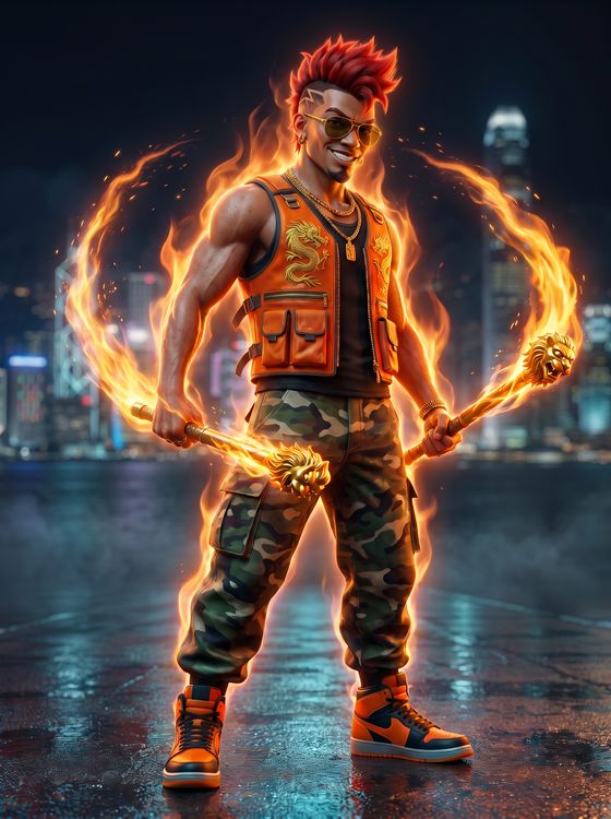 Axel, red mohawk and gold aviators, holding two flaming golden lion-head batons on a wet harbour promenade.