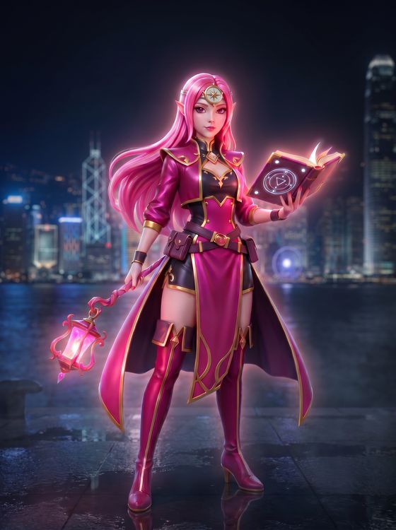 Fiona, long pink hair and a gold compass-rose tiara, holding a glowing spellbook and a pink lantern wand.