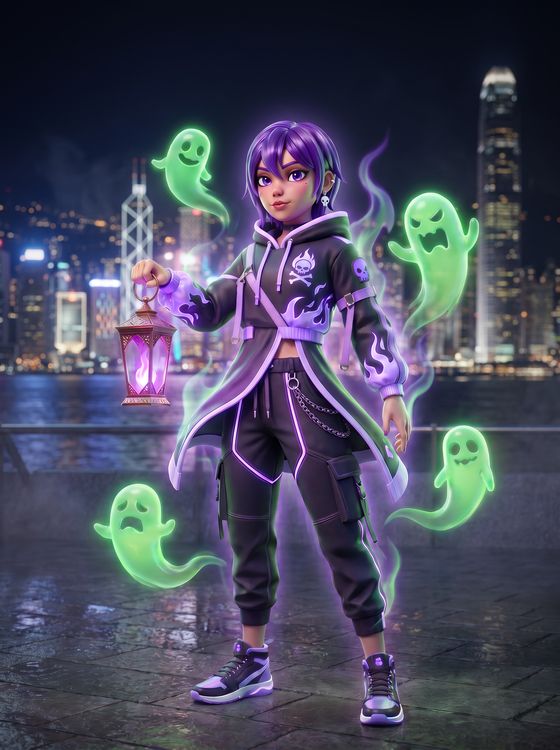 Luna, purple shaggy hair and a flame-trimmed hoodie, carrying a purple-flame lantern with green ghost companions.