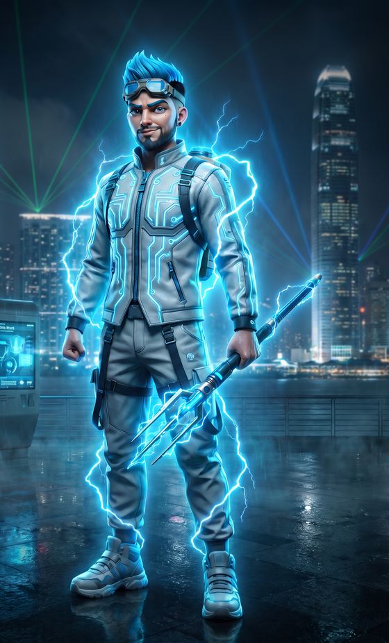 Zane, blue spiky hair and forehead goggles, holding a glowing blue trident beside Victoria Harbour.