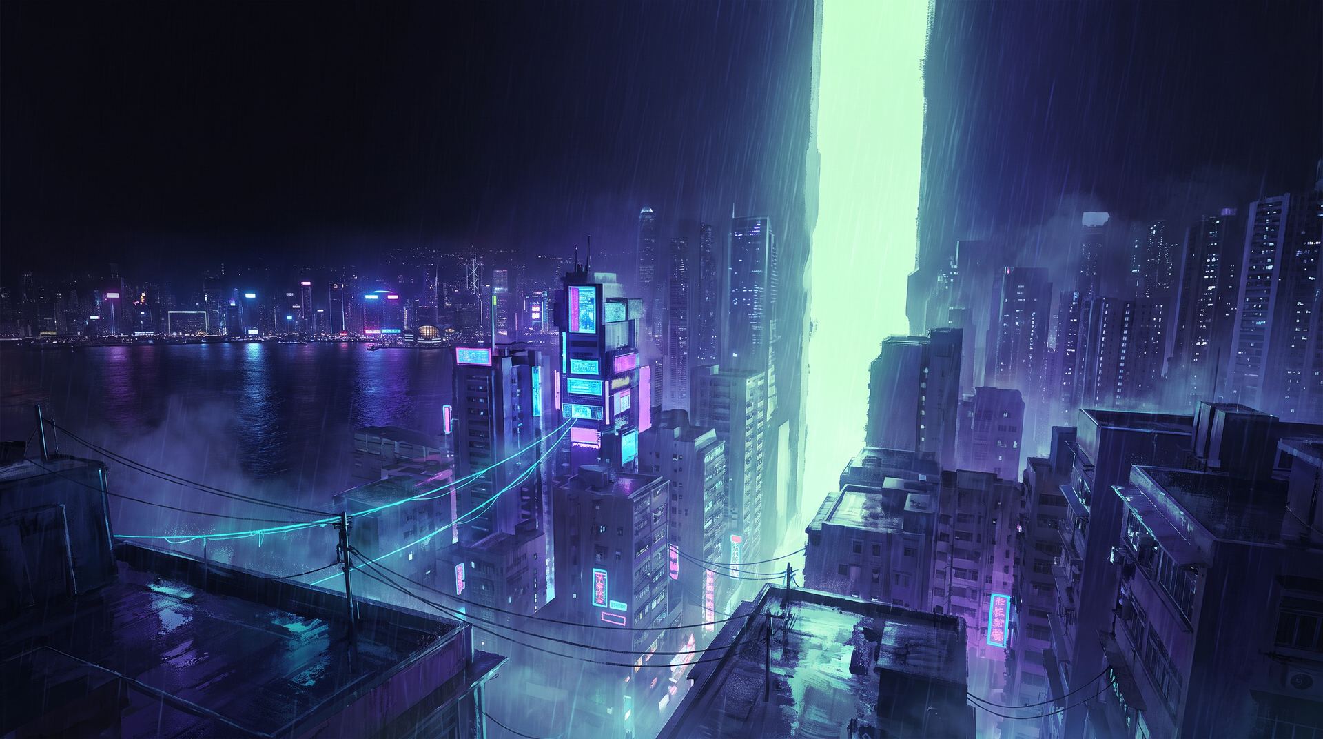 A rain-soaked neon city of stacked districts seen from above a dark harbour, with a tall vertical seam of lime-green portal light rising through the haze.