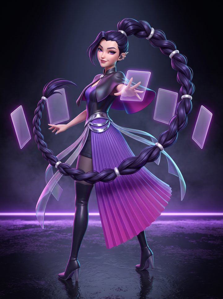 Fae with a braided halo of hair and floating violet panels, one hand open as a panel hovers above her palm.
