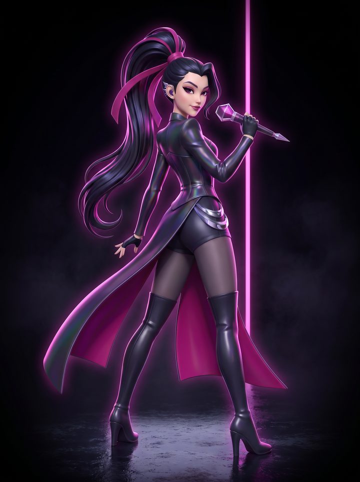 Giselle in a black and magenta stage coat, raising a magenta crystal microphone under a vertical magenta light bar.