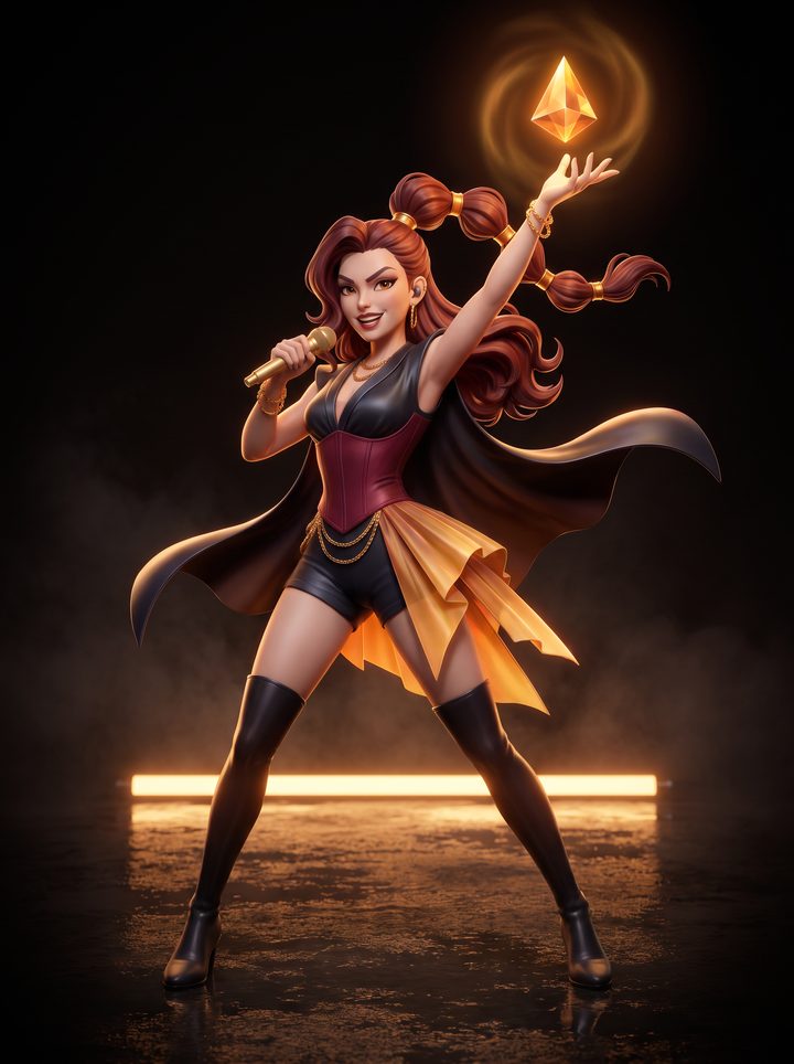 Hana mid-belt with a gold microphone, amber crystal glowing above her raised palm and amber skirt panels flaring.