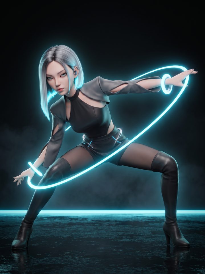 Liv in a low dance stance, silver-white hair and a glowing cyan ribbon of light looping around her arms.